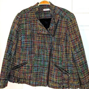 Coldwater Creek Sz 12 L/XL Blazer Career Jacket Shaped Side Zip Colors‎ Tweed